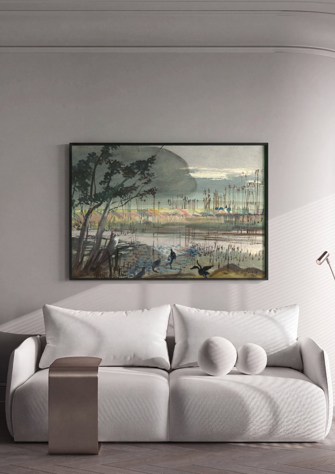 Quadro Decorativo Paisagem com Água e Árvores - Oskar Laske em ambiente decorado