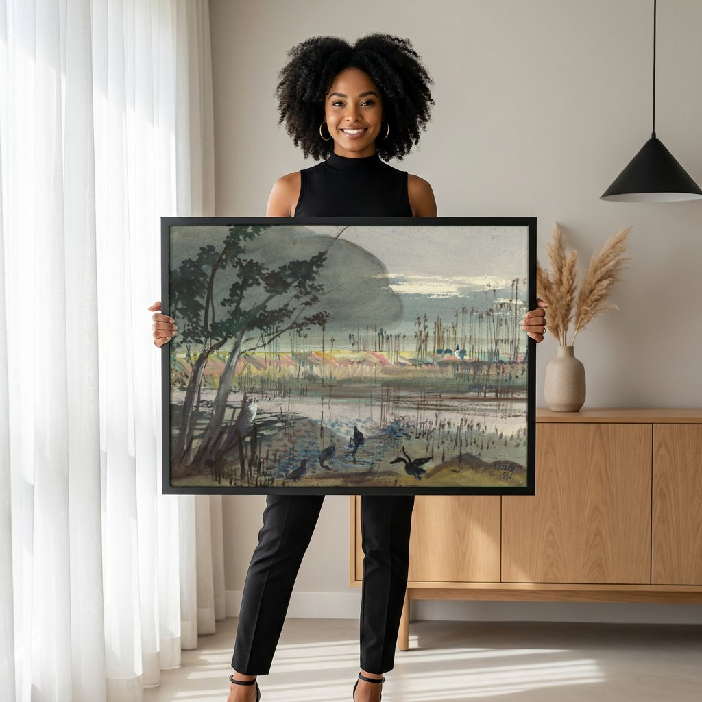 Quadro Decorativo Paisagem com Água e Árvores - Oskar Laske com modelo em ambiente