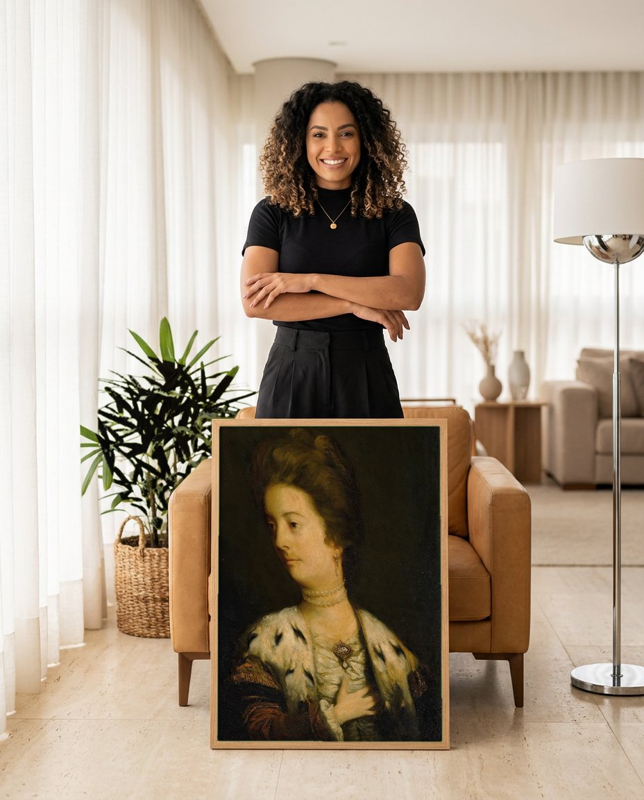 Quadro Decorativo Retrato de Dama com Arminho - Reynolds com modelo em ambiente