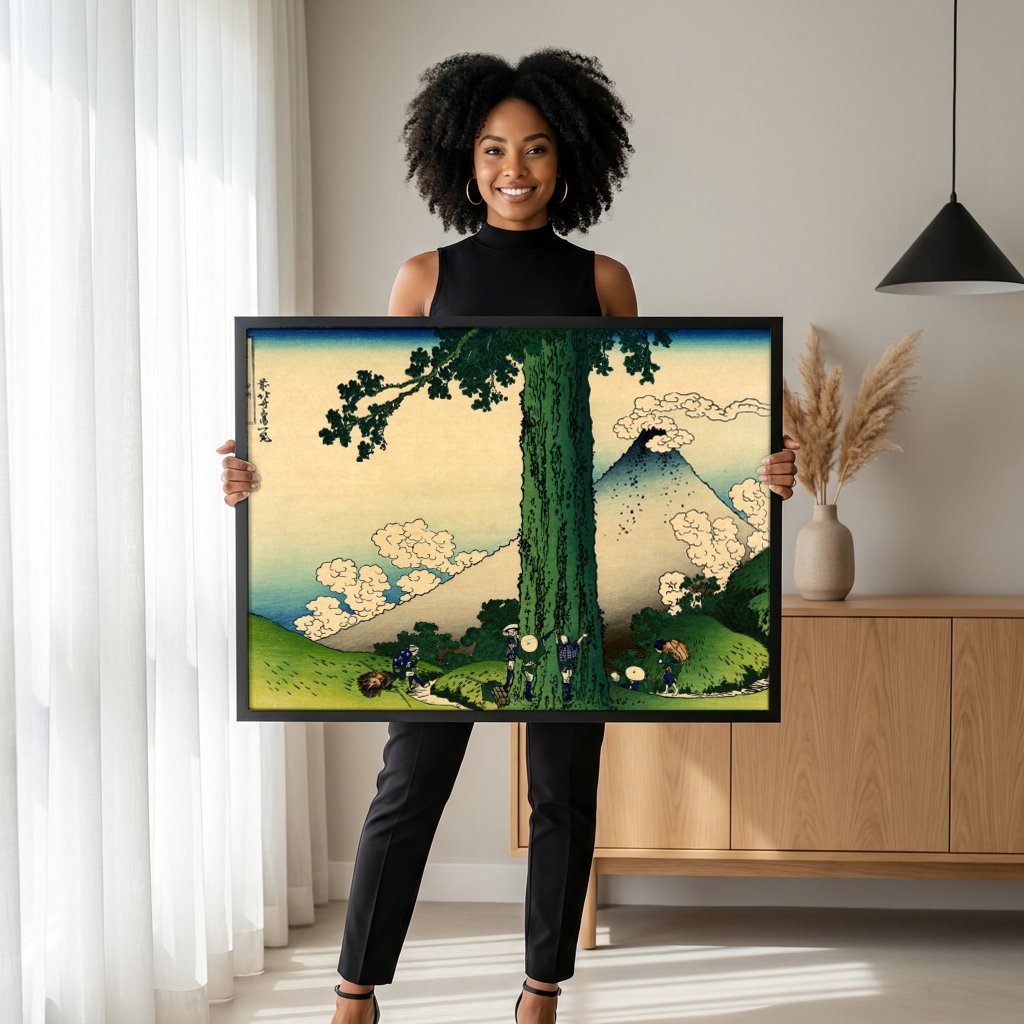 Quadro Decorativo A Montanha Fuji e a Árvore de Sano - Hokusai com modelo em ambiente