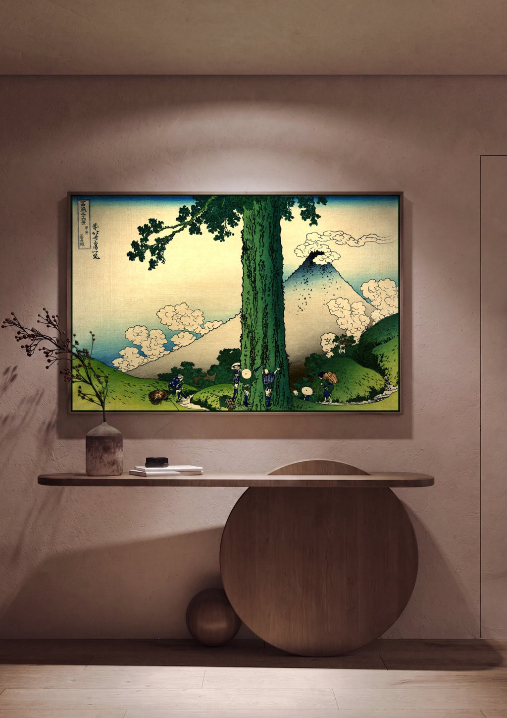 Quadro Decorativo A Montanha Fuji e a Árvore de Sano - Hokusai em ambiente decorado