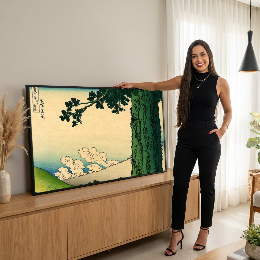 Quadro Decorativo A Montanha Fuji e a Árvore de Sano - Hokusai com modelo em ambiente