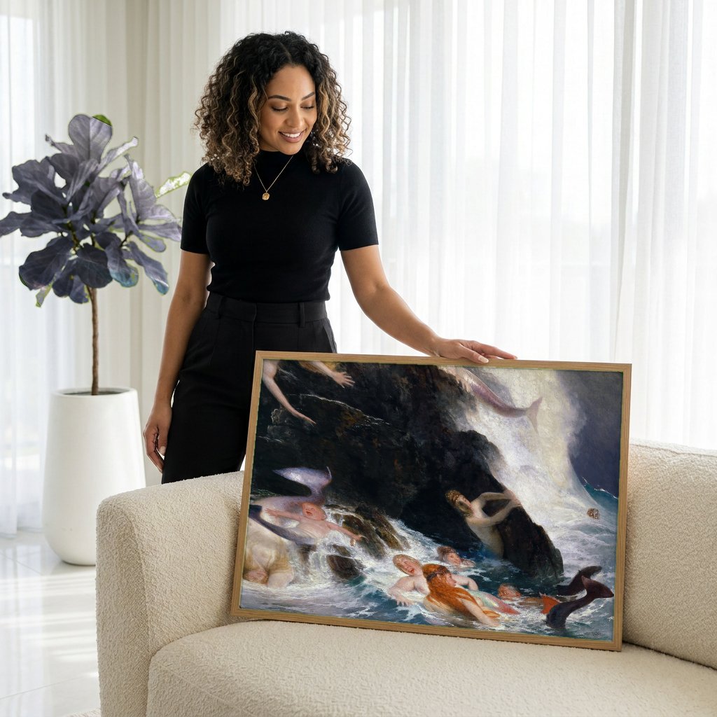 Quadro Decorativo O Brincar das Ondas - Arnold Böcklin com modelo em ambiente