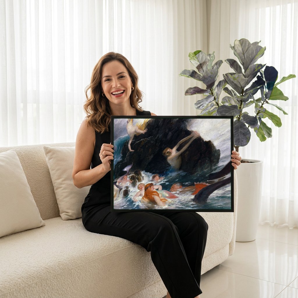 Quadro Decorativo O Brincar das Ondas - Arnold Böcklin com modelo em ambiente