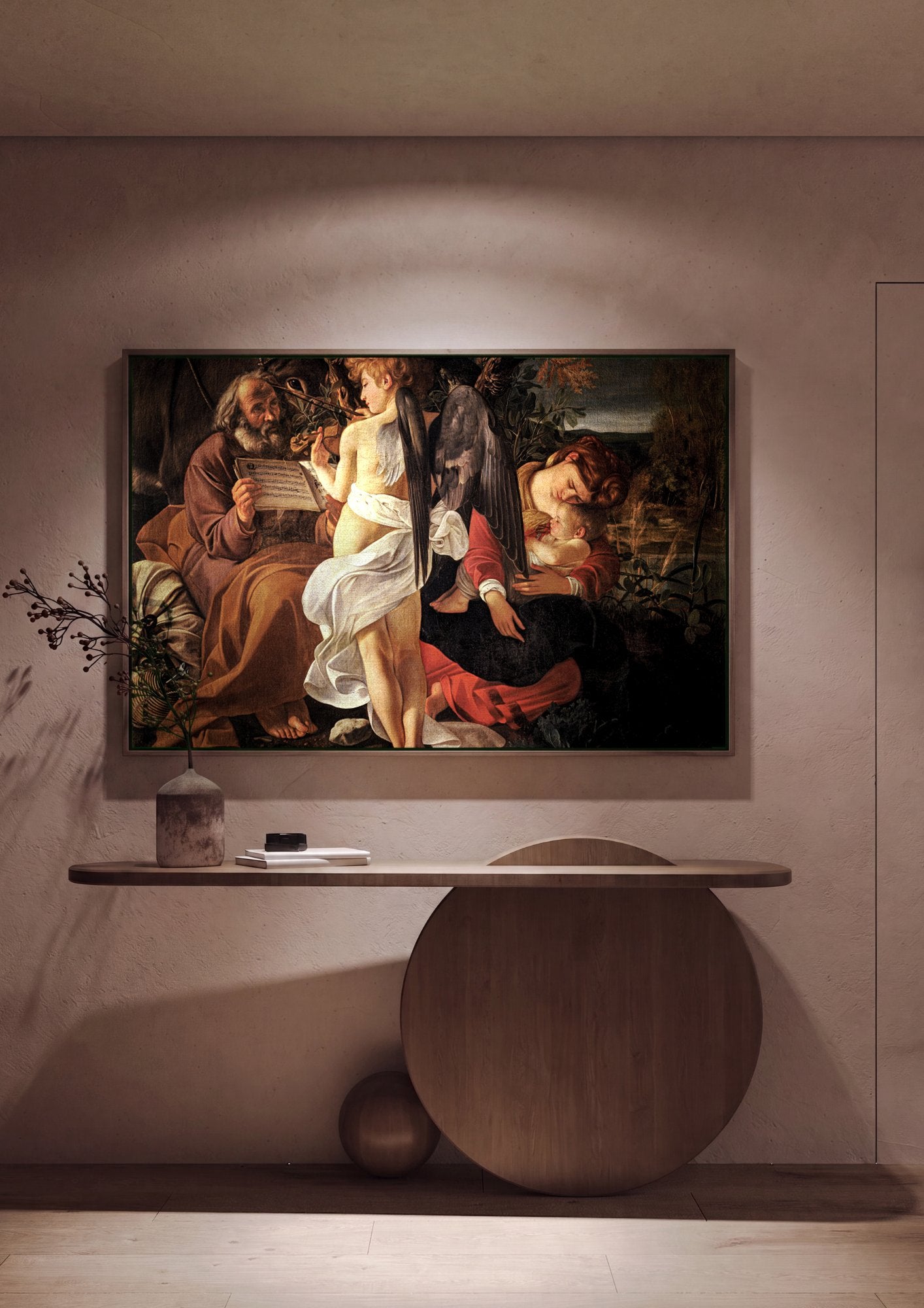 Quadro Decorativo O Repouso na Fuga para o Egito - Caravaggio em ambiente decorado
