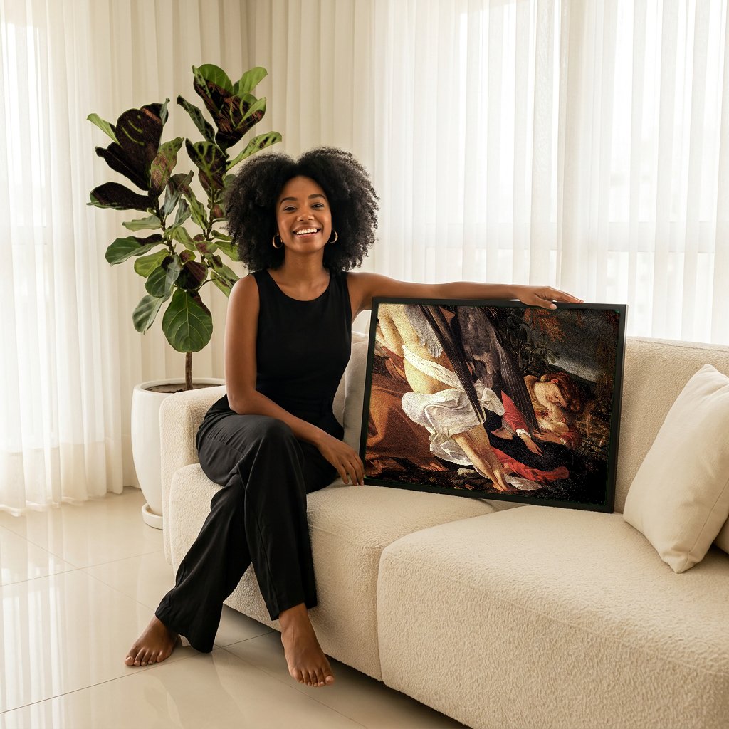 Quadro Decorativo O Repouso na Fuga para o Egito - Caravaggio com modelo em ambiente