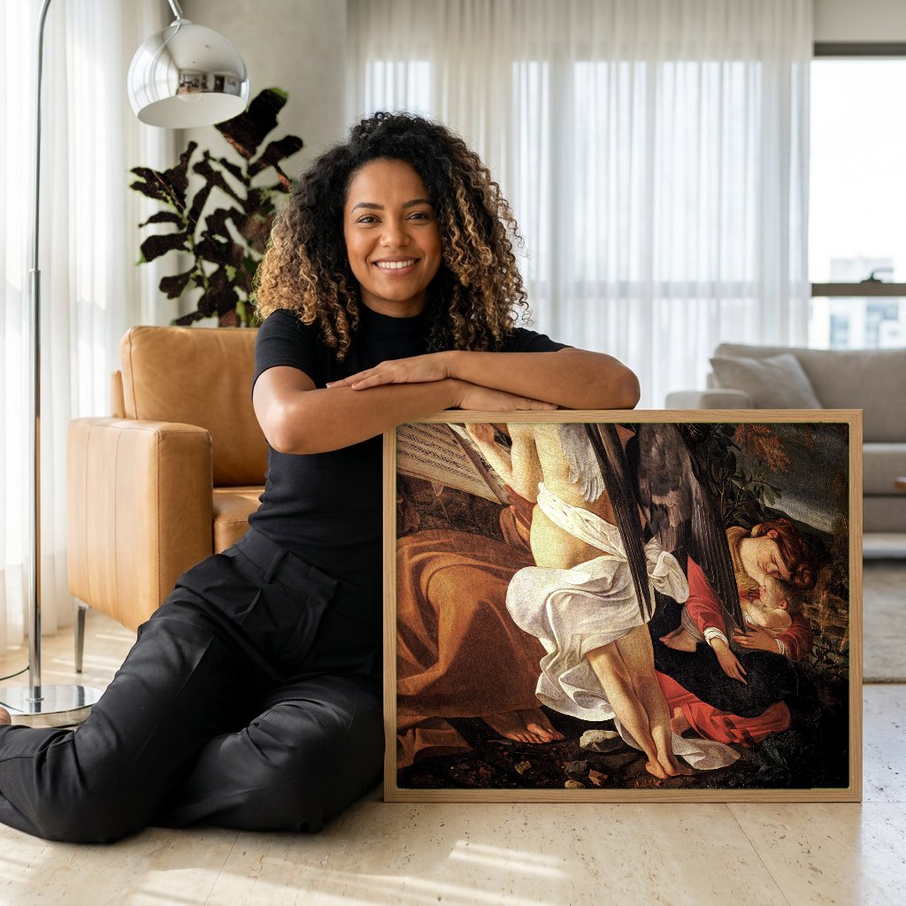 Quadro Decorativo O Repouso na Fuga para o Egito - Caravaggio com modelo em ambiente