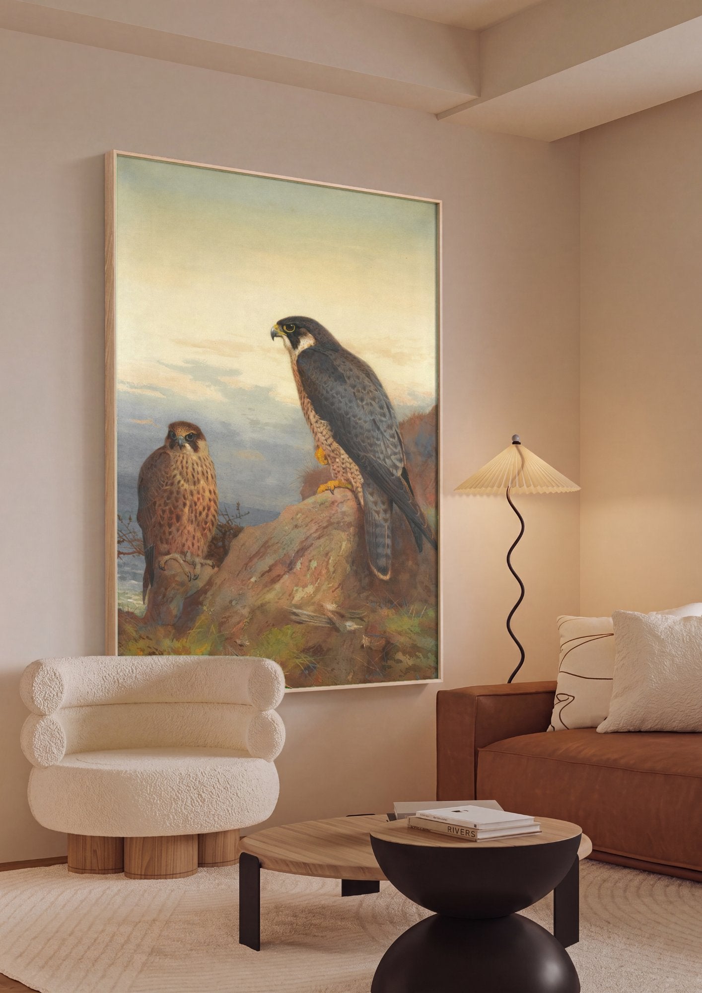 Quadro Decorativo Falcões Peregrinos - Archibald Thorburn em ambiente decorado