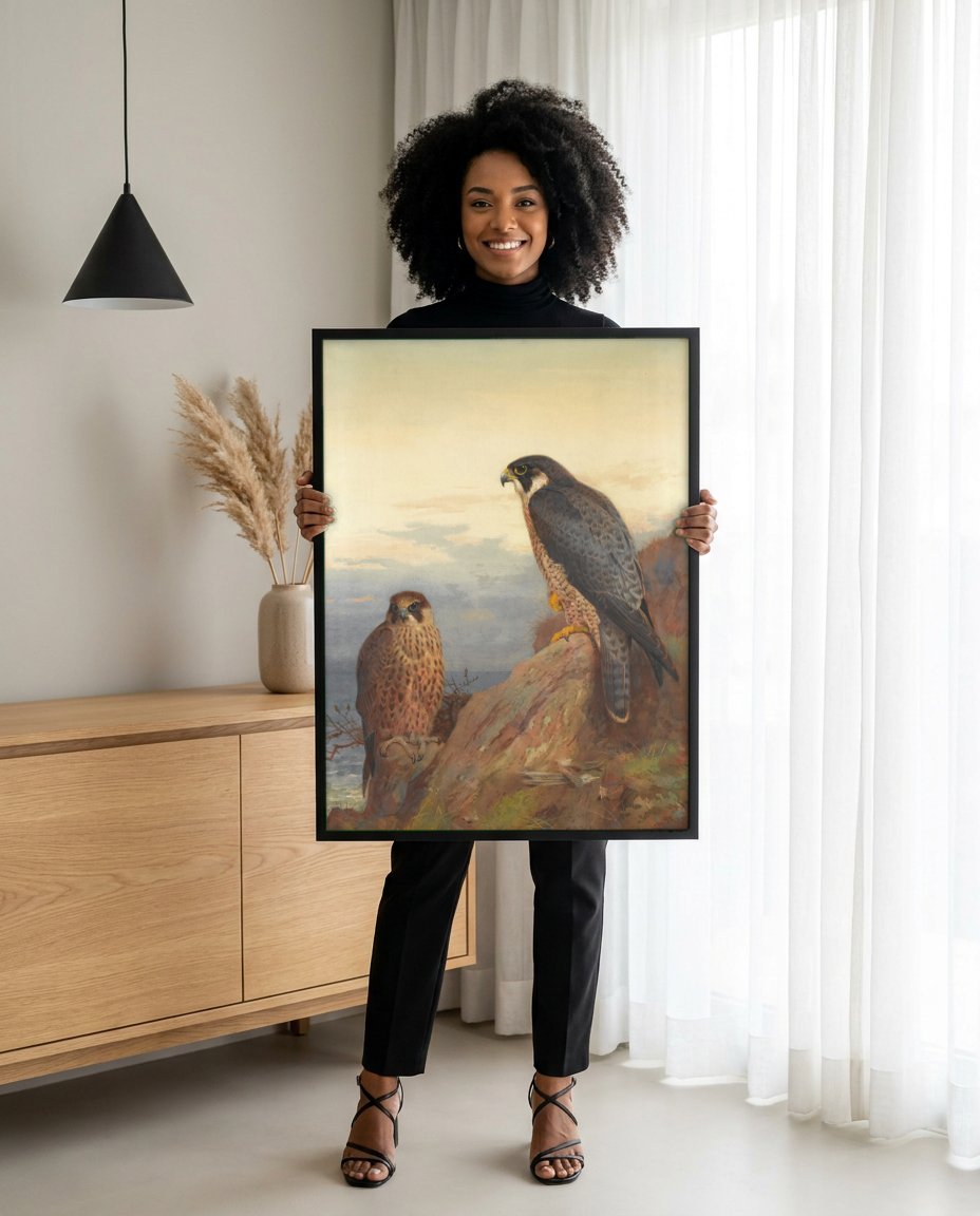 Quadro Decorativo Falcões Peregrinos - Archibald Thorburn com modelo em ambiente
