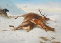 Quadro decorativo com cena invernal onde uma raposa se aproxima de dois cervos mortos na neve, com um corvo e uma águia no céu. Obra de Archibald Thorburn.