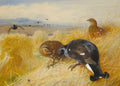 Quadro decorativo com pintura de Archibald Thorburn, mostrando aves de caça em um campo dourado com montanhas ao fundo.