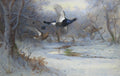 Quadro decorativo com pintura de Archibald Thorburn, representando três aves de caça, possivelmente tetrazes, voando sobre uma paisagem de inverno coberta de neve e árvores desfolhadas. Um riacho corre pelo centro, e o céu é claro e frio.