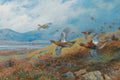 Quadro decorativo de Archibald Thorburn, representando aves marrons com asas abertas voando sobre uma paisagem montanhosa e campestre em tons de azul e marrom-avermelhado, com lago ao fundo e céu azul claro.