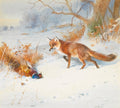 Quadro decorativo de uma raposa ruiva olhando para um faisão morto na neve, com árvores e arbustos ao fundo em um dia de inverno. Assinado 'Archibald Thorburn 1913'.