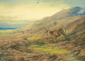 Quadro decorativo de Archibald Thorburn mostrando um cervo-vermelho em primeiro plano em uma paisagem montanhosa e árida das Terras Altas escocesas, com o oceano azul ao fundo e outros cervos distantes, sob um céu claro com pássaros voando.