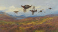 Quadro decorativo mostrando aves marrons voando sobre uma paisagem de pântano com vegetação em tons de outono, montanhas e um lago ao fundo. O céu é claro com algumas nuvens.