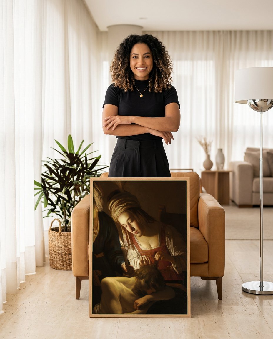 Quadro Decorativo Sansão e Dalila - Gerard van Honthorst com modelo em ambiente