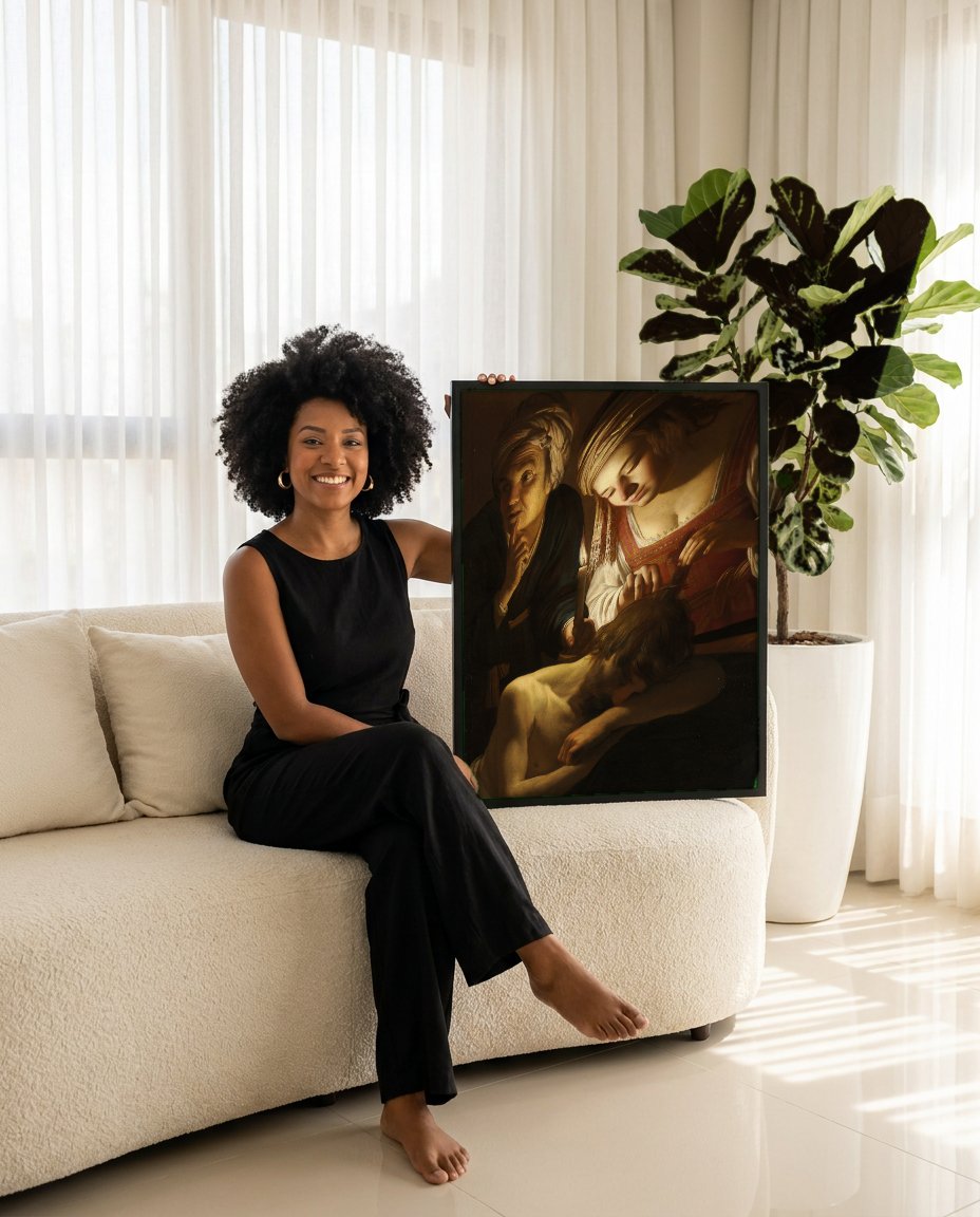 Quadro Decorativo Sansão e Dalila - Gerard van Honthorst com modelo em ambiente