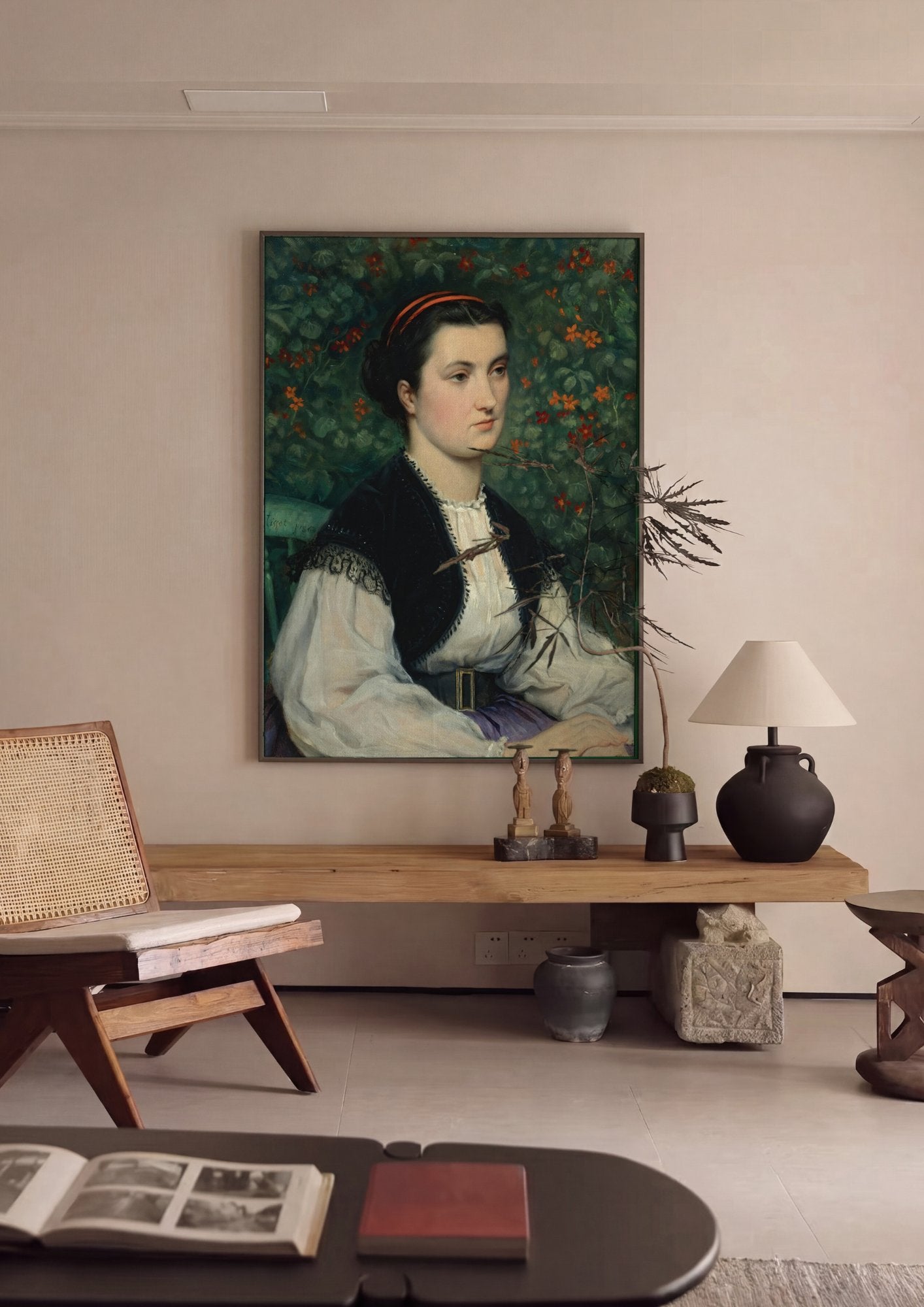 Quadro Decorativo Mulher Sentada no Jardim - Tissot em ambiente decorado