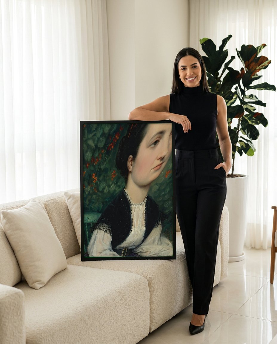 Quadro Decorativo Mulher Sentada no Jardim - Tissot com modelo em ambiente