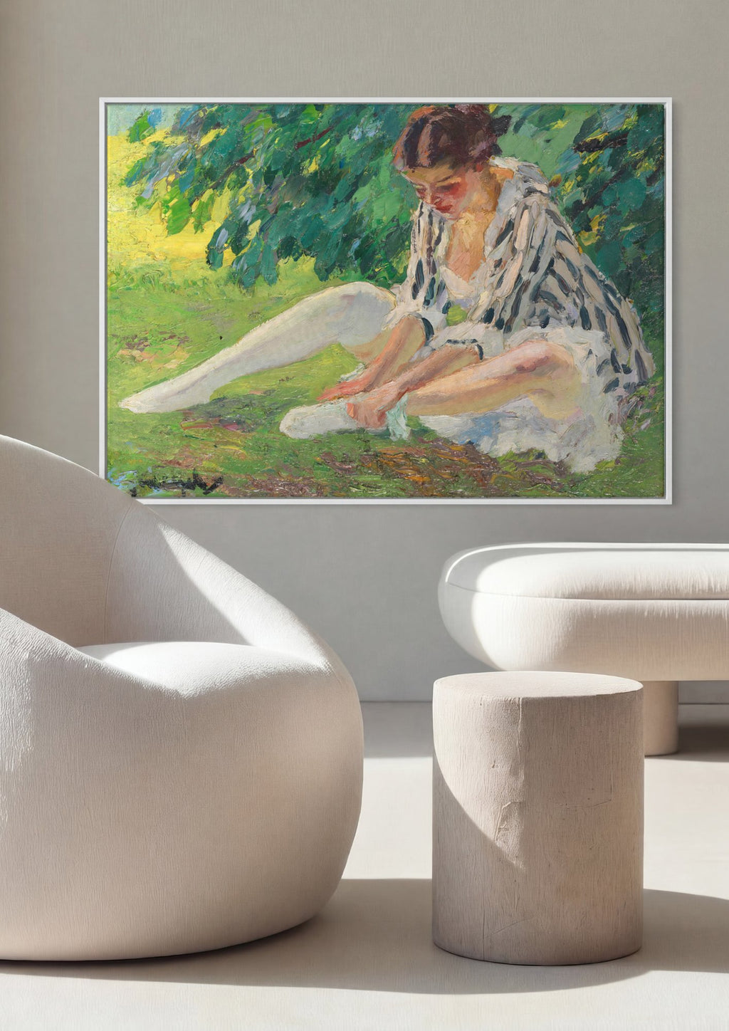 Quadro Decorativo Moça no Jardim - Edward Cucuel em ambiente decorado