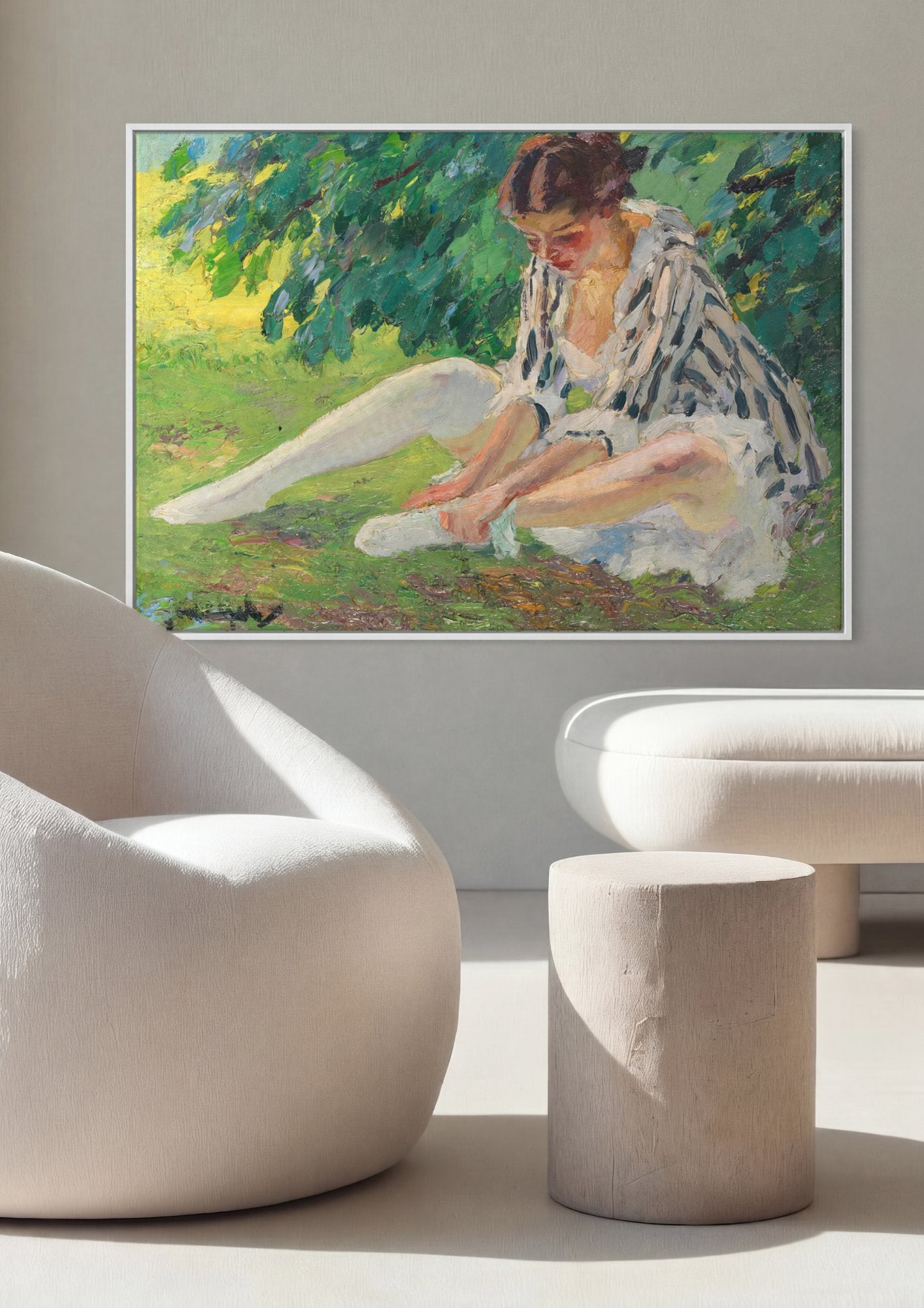 Quadro Decorativo Moça no Jardim - Edward Cucuel em ambiente decorado