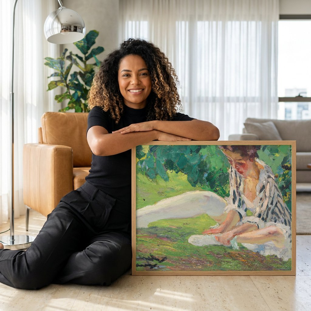 Quadro Decorativo Moça no Jardim - Edward Cucuel com modelo em ambiente