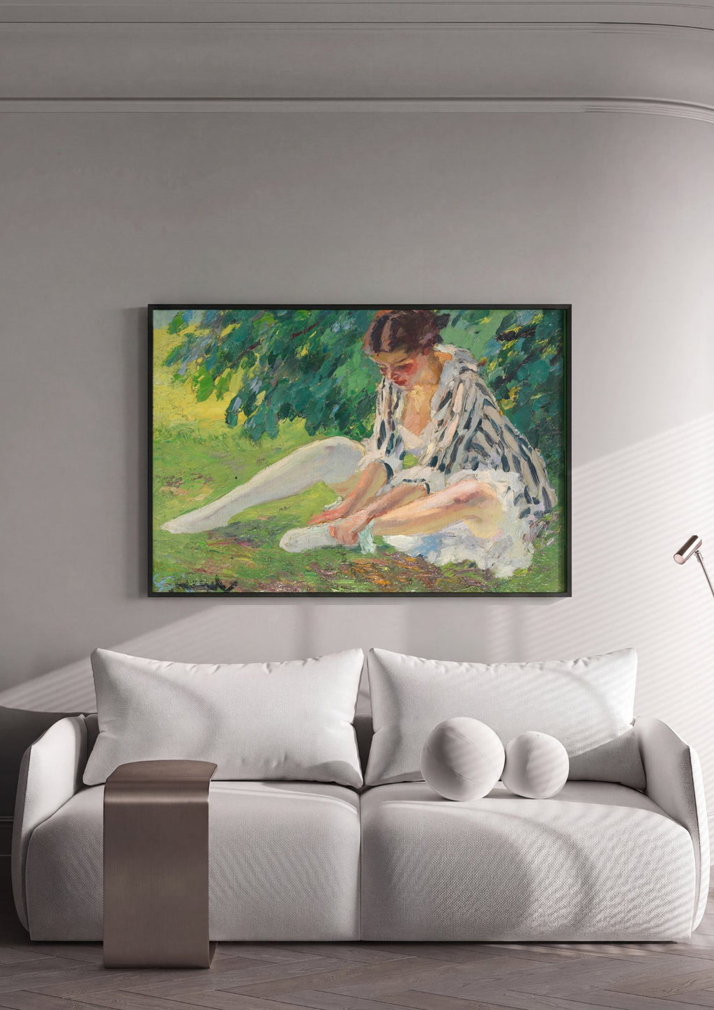 Quadro Decorativo Moça no Jardim - Edward Cucuel em ambiente decorado