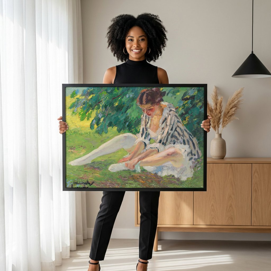 Quadro Decorativo Moça no Jardim - Edward Cucuel com modelo em ambiente