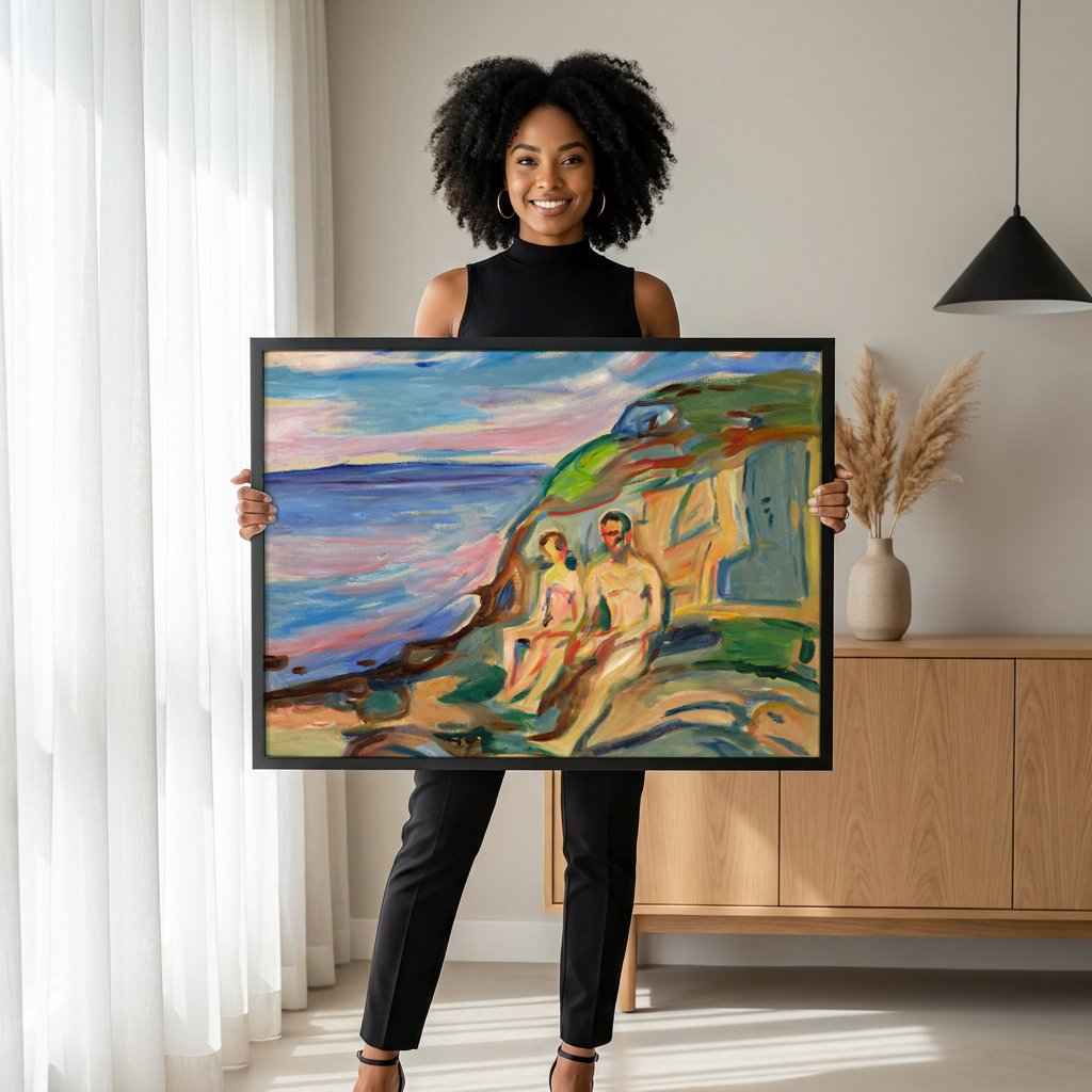 Quadro Decorativo Casal na Praia - Edvard Munch com modelo em ambiente