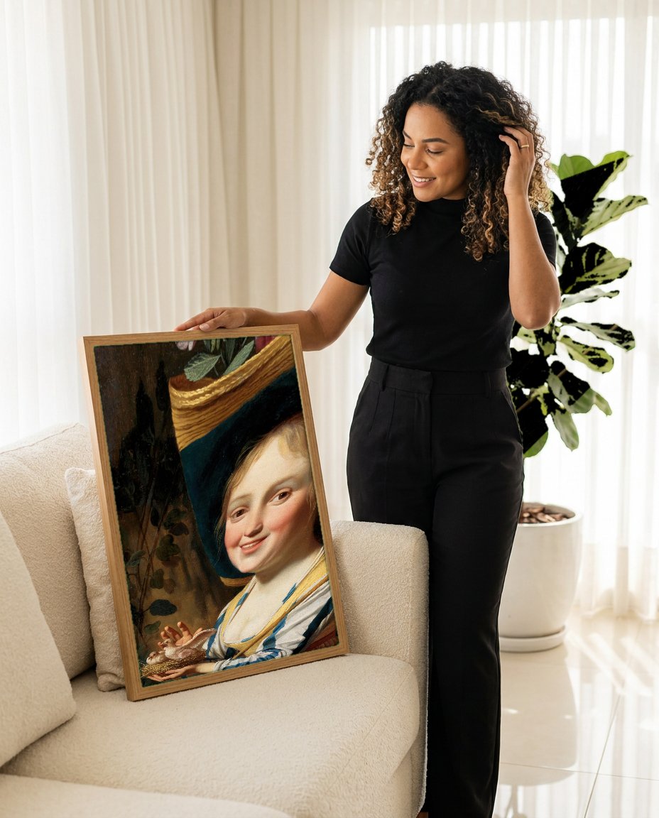 Quadro Decorativo A Pastora Feliz - Gerard van Honthorst com modelo em ambiente