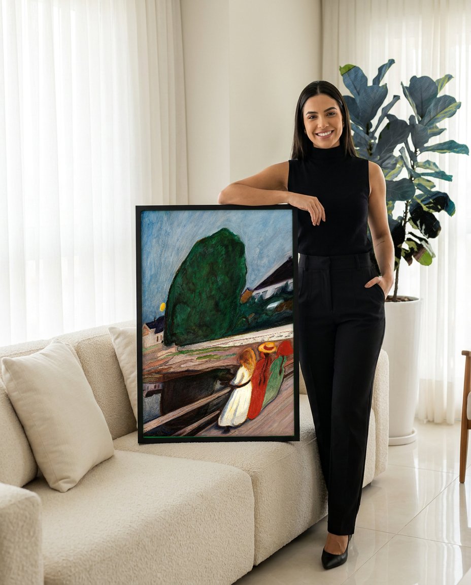 Quadro Decorativo Moças na Ponte - Edvard Munch com modelo em ambiente