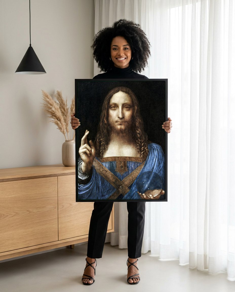 Quadro Decorativo Salvator Mundi - Leonardo Da Vinci com modelo em ambiente