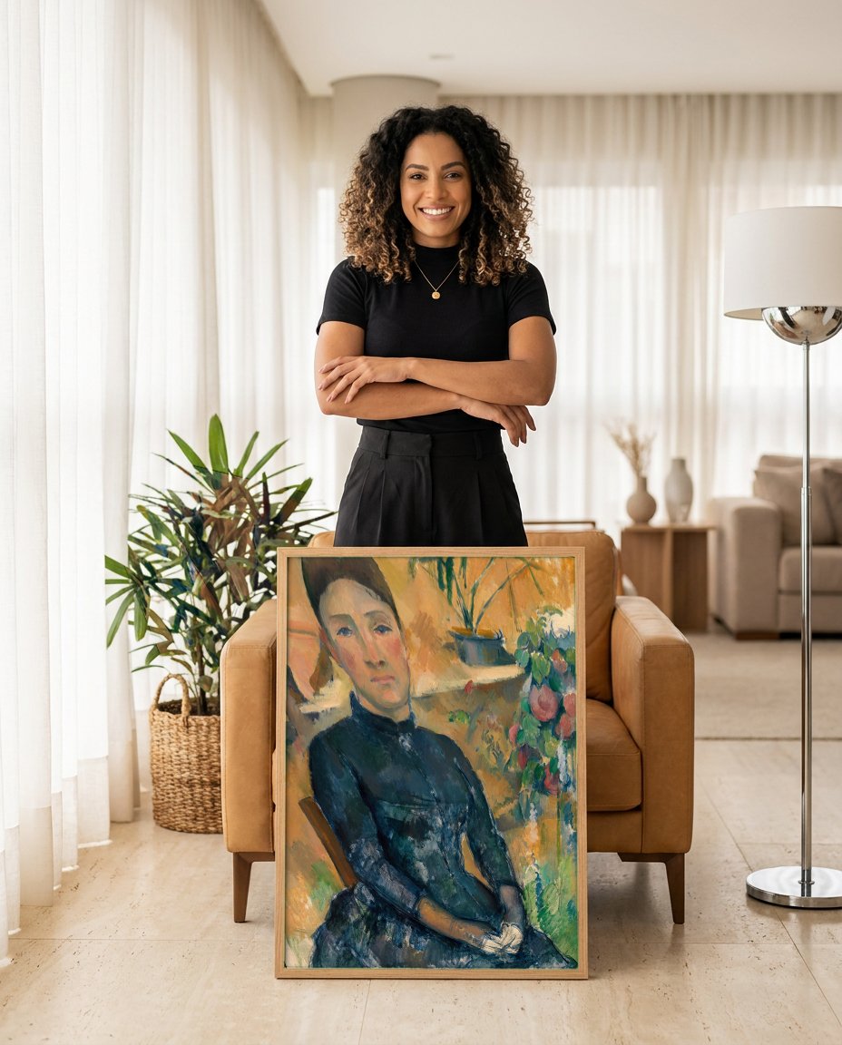 Quadro Decorativo Madame Cézanne no Jardim - Paul Cézanne com modelo em ambiente