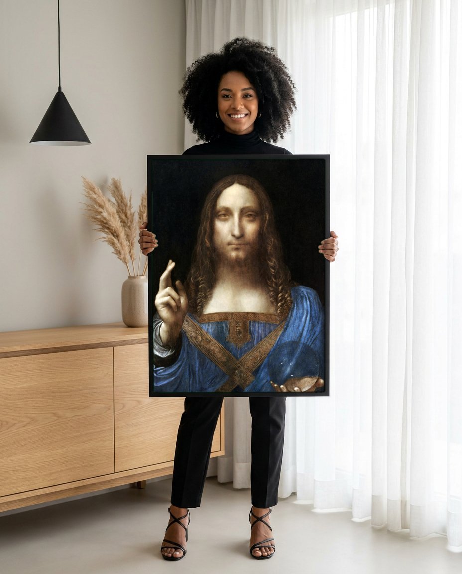 Quadro Decorativo Salvator Mundi - Leonardo Da Vinci com modelo em ambiente