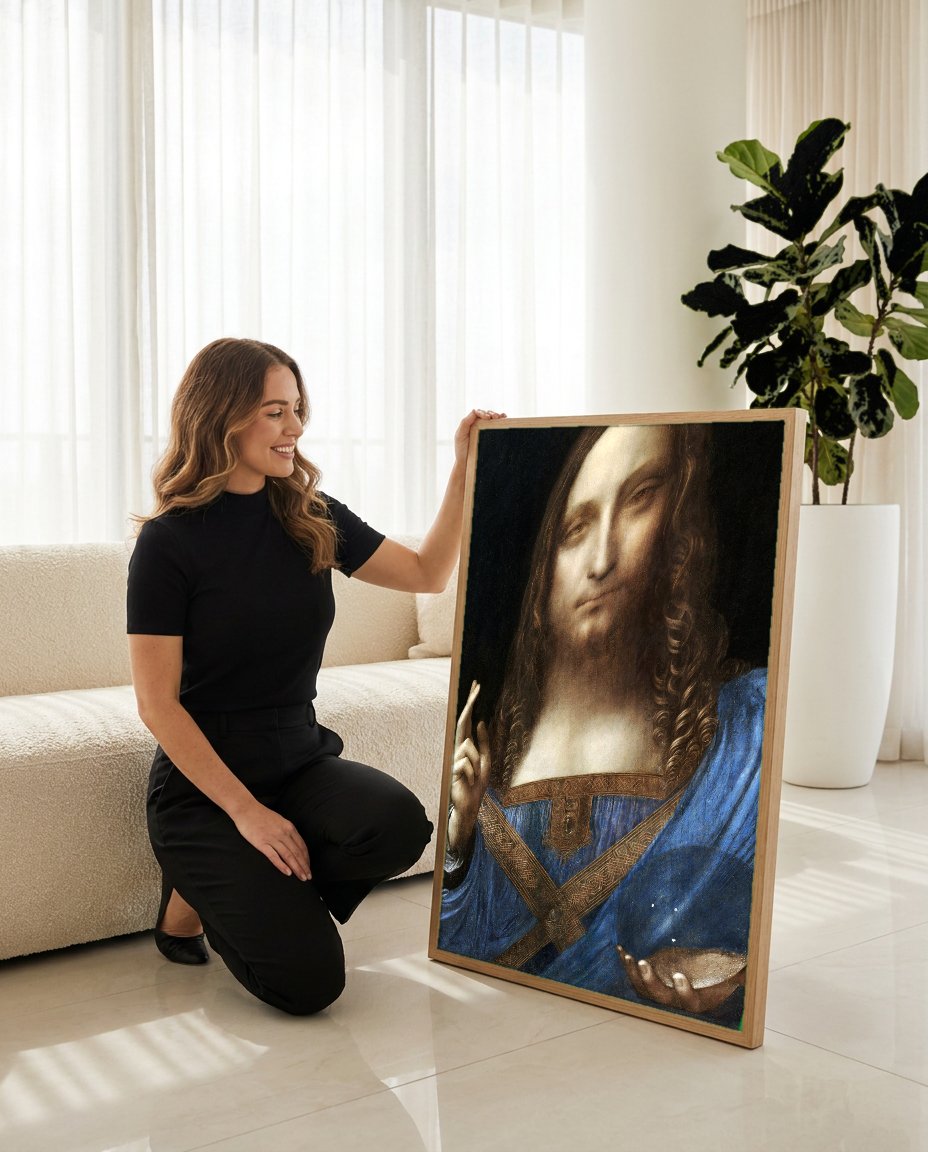 Quadro Decorativo Salvator Mundi - Leonardo Da Vinci com modelo em ambiente