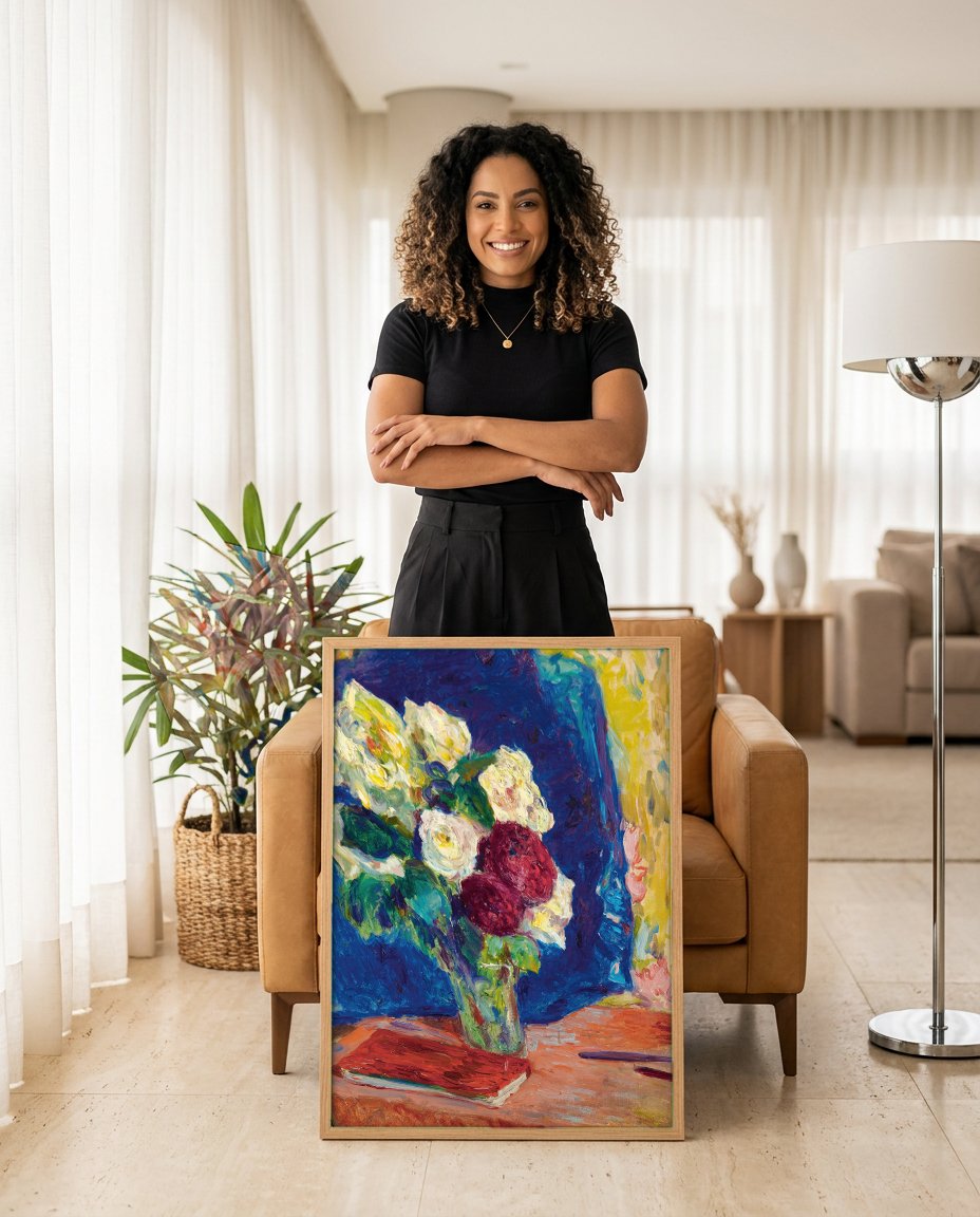 Quadro Decorativo 'Rosas em Vaso' - Édouard Vuillard com modelo em ambiente