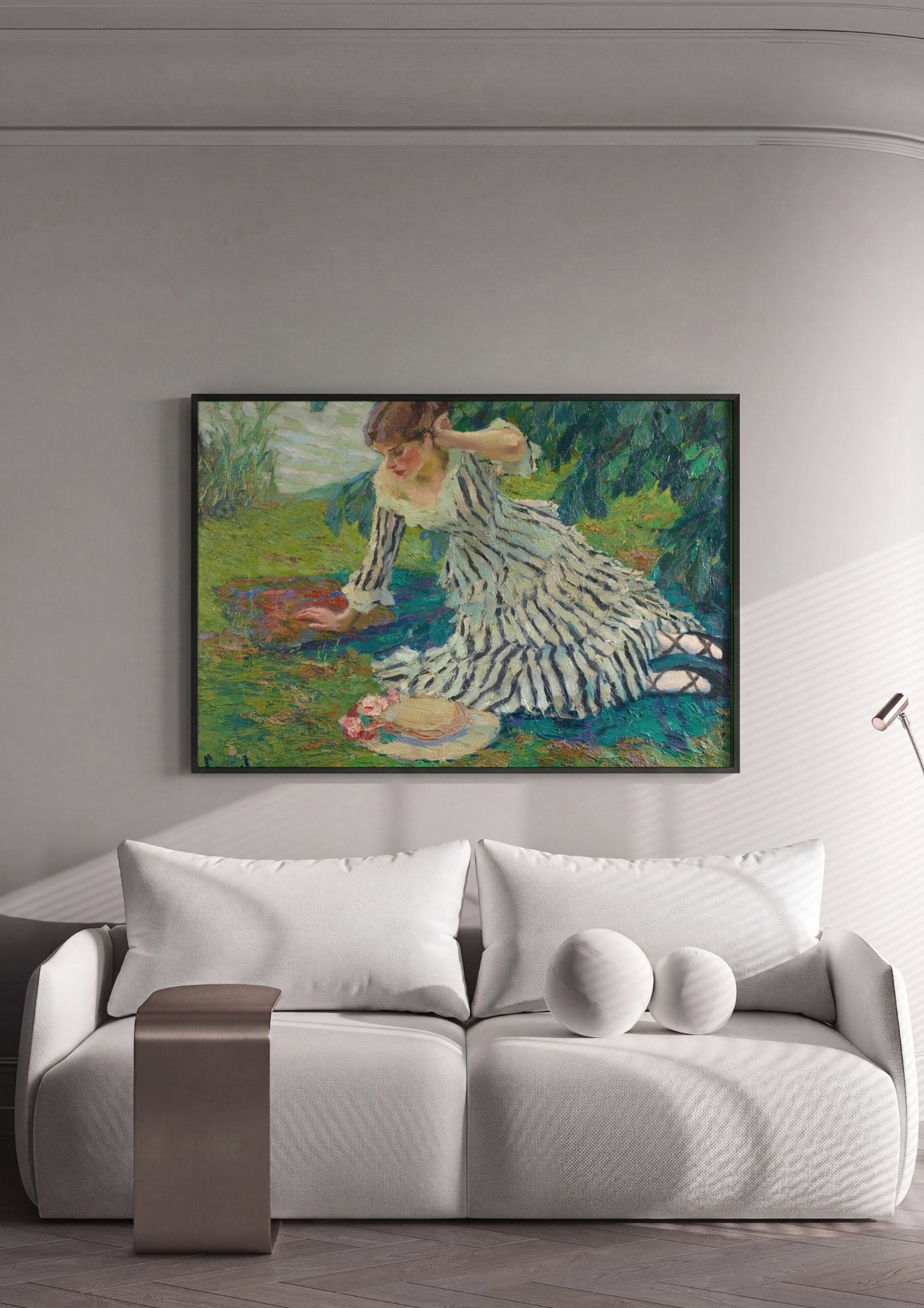 Quadro Decorativo Moça no Jardim - Edward Cucuel em ambiente decorado