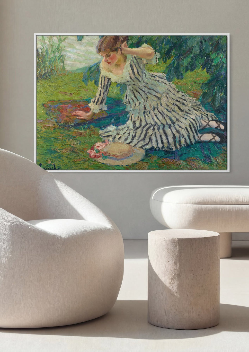 Quadro Decorativo Moça no Jardim - Edward Cucuel em ambiente decorado