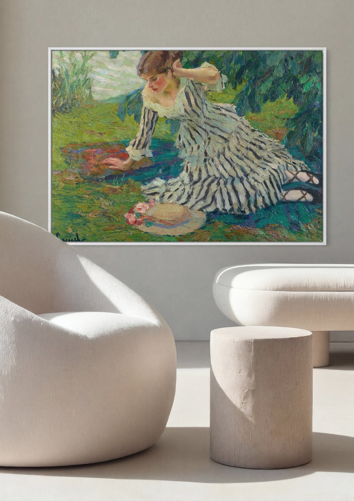 Quadro Decorativo Moça no Jardim - Edward Cucuel em ambiente decorado