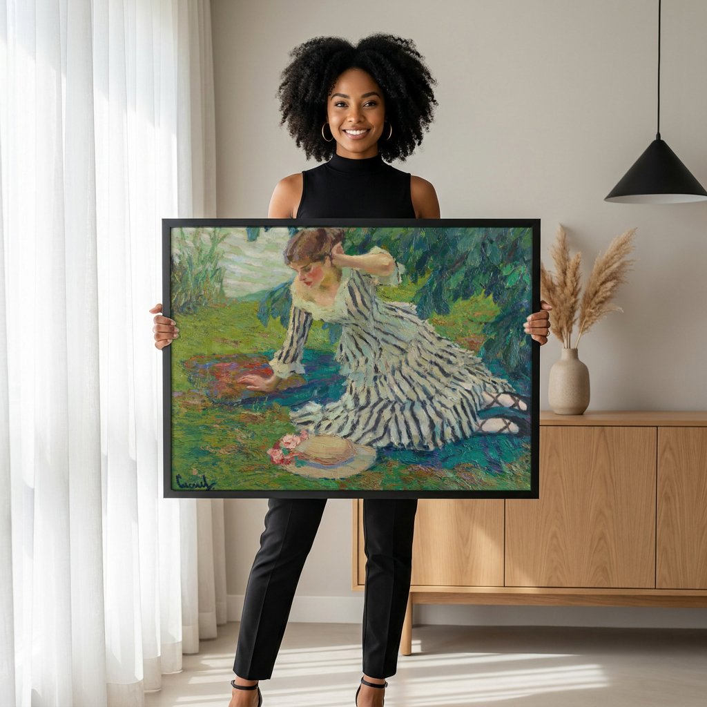 Quadro Decorativo Moça no Jardim - Edward Cucuel com modelo em ambiente