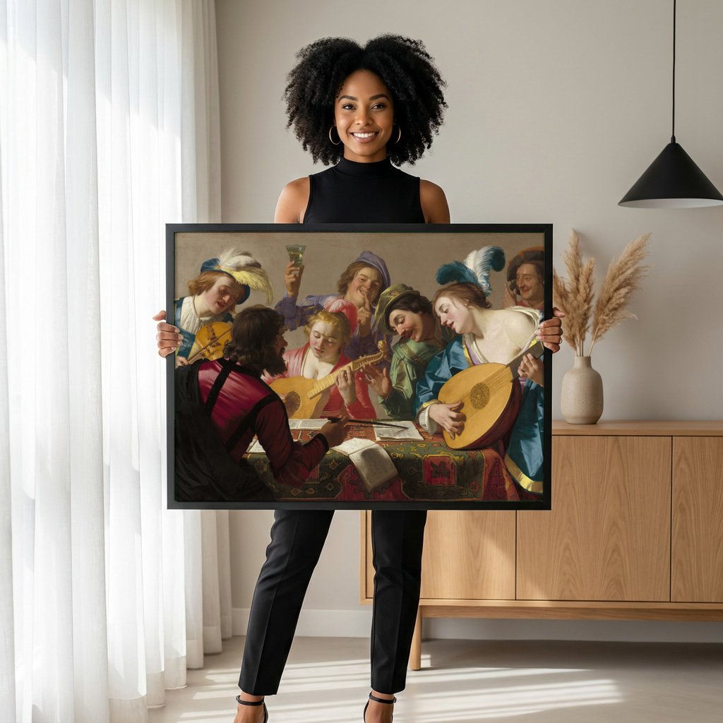 Quadro Decorativo A Festa Musical - Gerard van Honthorst com modelo em ambiente