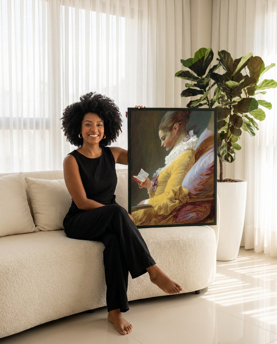 Quadro Decorativo A Leitora - Fragonard com modelo em ambiente