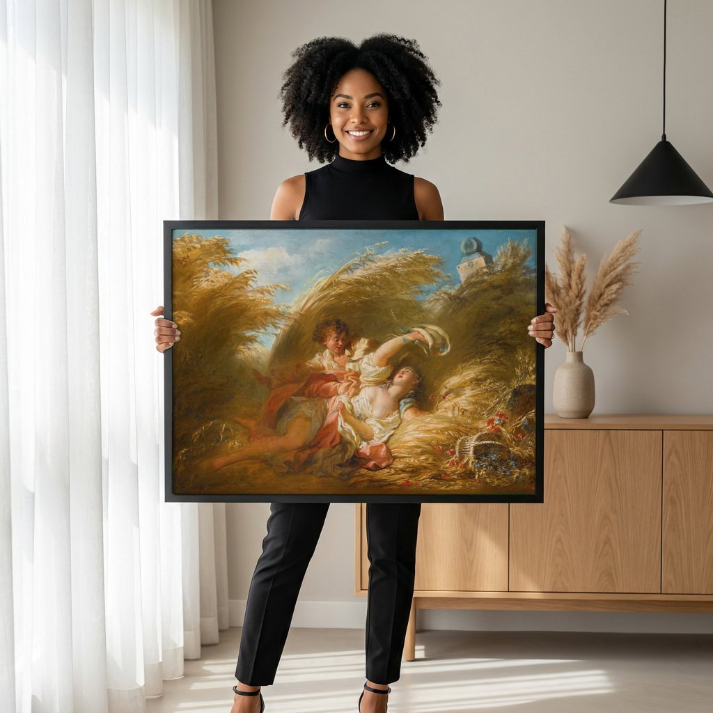 Quadro Decorativo A Colheita - Fragonard com modelo em ambiente