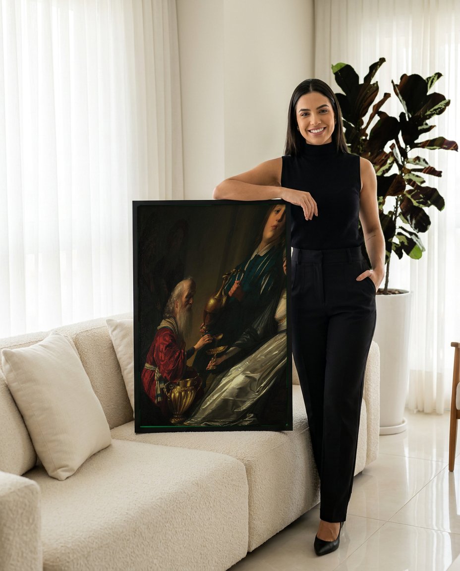 Quadro Decorativo A Oferta a Sara - Gerard van Honthorst com modelo em ambiente