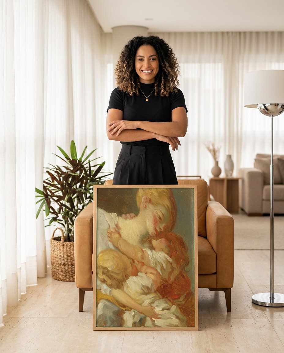 Quadro Decorativo A Mãe Feliz - Fragonard com modelo em ambiente