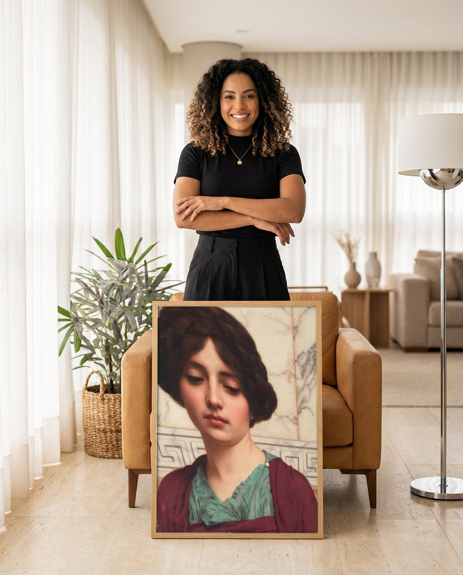 Quadro Decorativo 'A Sacerdotisa' - Godward com modelo em ambiente