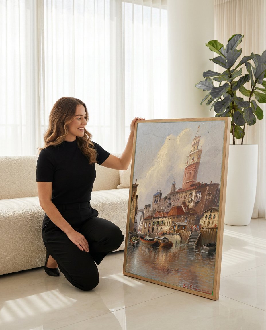 Quadro Decorativo Canal Veneza ao Entardecer - Karl Kaufmann com modelo em ambiente