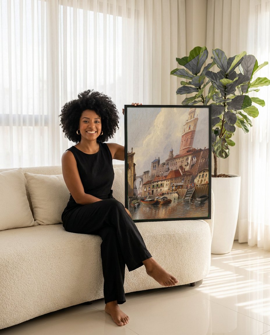 Quadro Decorativo Canal Veneza ao Entardecer - Karl Kaufmann com modelo em ambiente