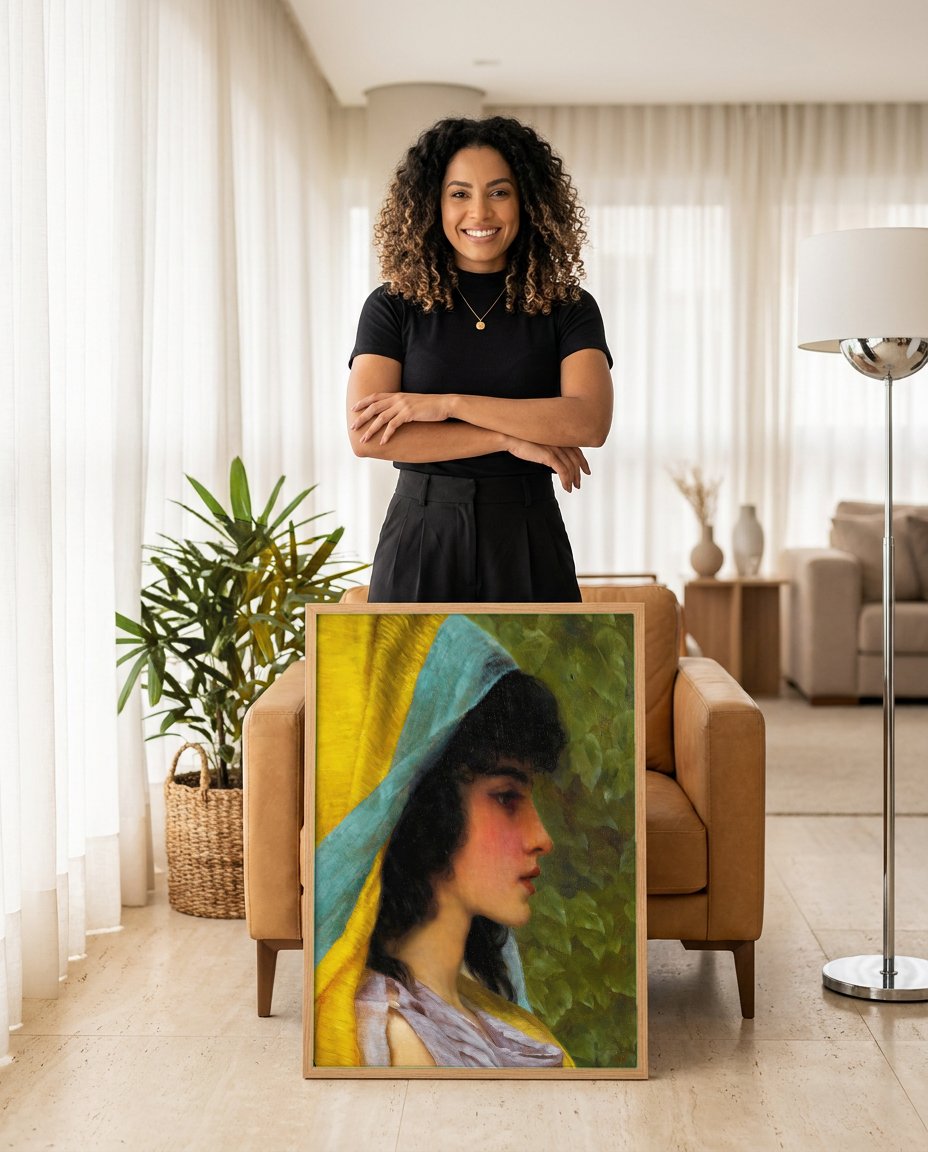 Quadro Decorativo A Jovem de Manto Amarelo - Godward com modelo em ambiente